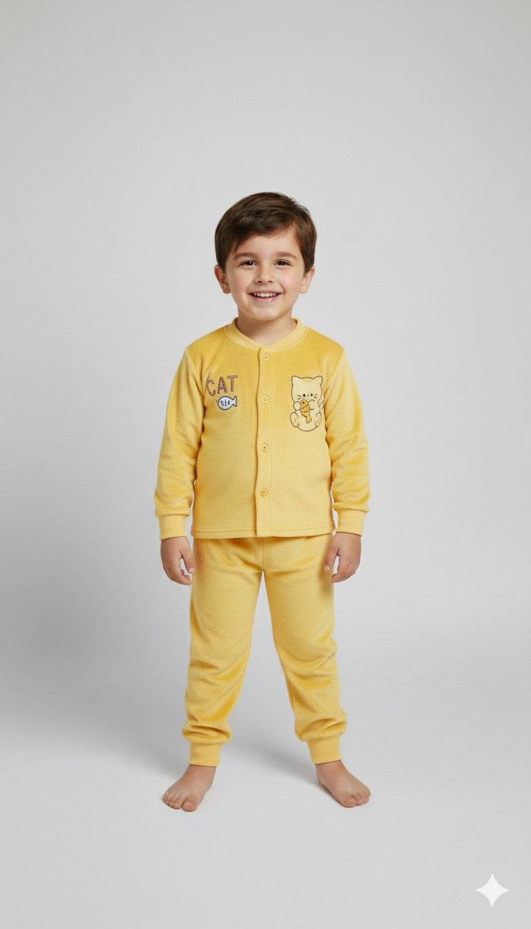 Yellow Cozy Cat Velvet Tracksuit